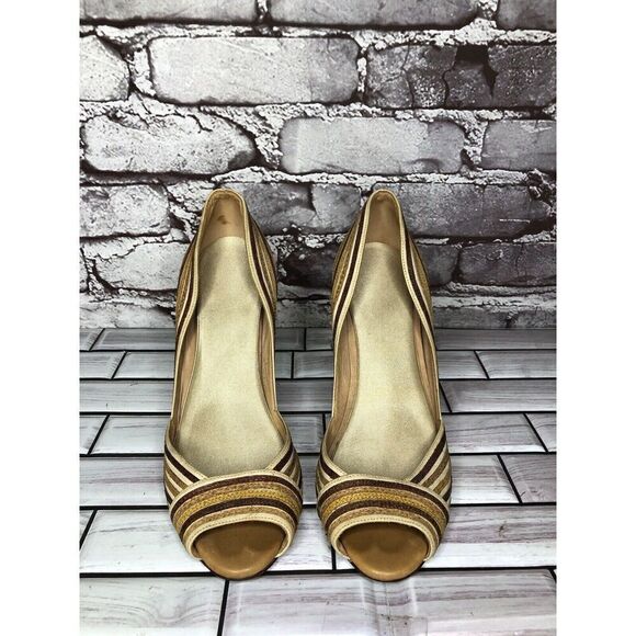 Marcello Toshi Gold Brown Stripe Fabric Peep Toe 5” High Heels Women Sz 6M US/37 - Picture 2 of 16